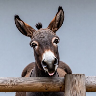 Donkey sticking tongue out over fence