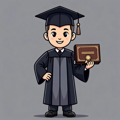 Cartoon boy in graduation gown with diploma