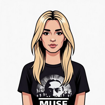 Blonde woman wearing Muse band t-shirt