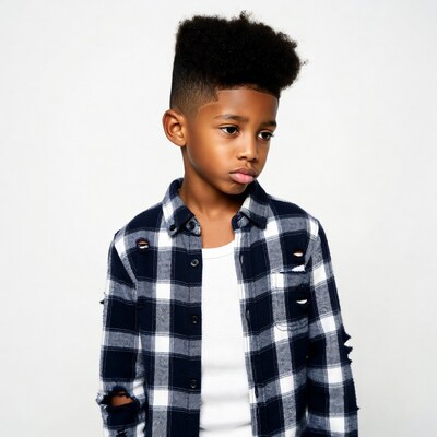 African-American boy in plaid shirt