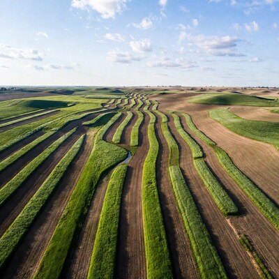 Aerial view of contoured green fields