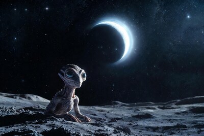 Cute alien on moon with crescent