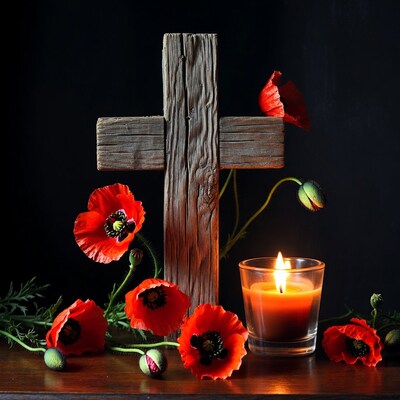 Wooden Cross with Red Poppies and Candle