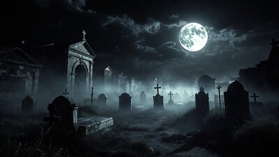 Moonlit Foggy Cemetery at Night