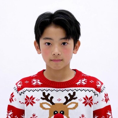 Asian boy in reindeer Christmas sweater