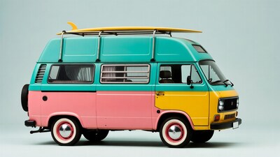 Colorful VW Camper Van with Surfboard