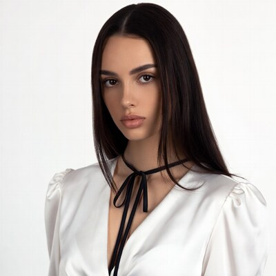 Woman in white blouse with black choker