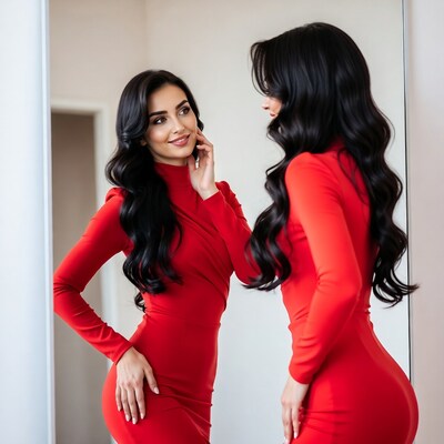 Woman in red dress posing by mirror
