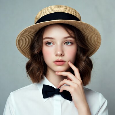 Girl in straw hat with bowtie