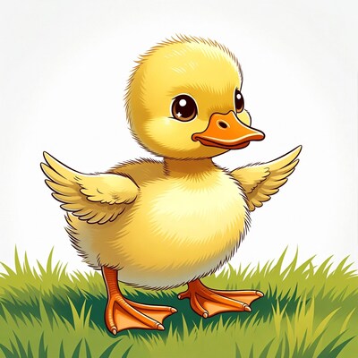 Cute yellow duckling on grass