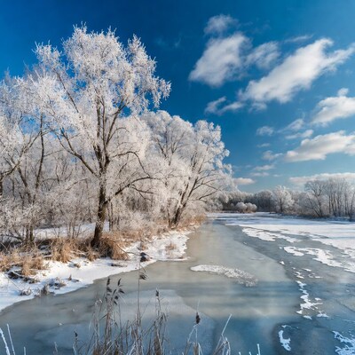 Frost-covered trees by frozen river