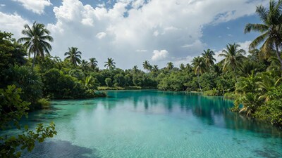 Turquoise Cenote Surrounded by Palm Trees