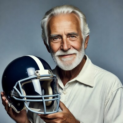 Elderly man holding football helmet