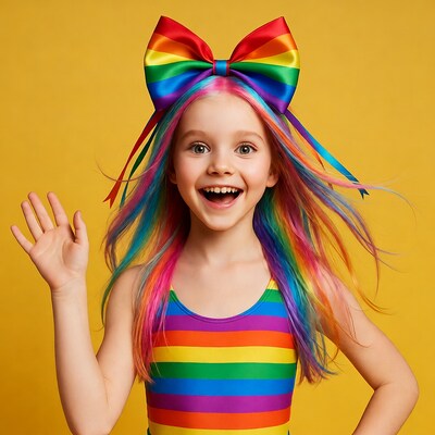 Girl with rainbow hair waving hello