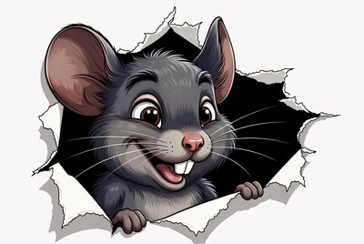 Cartoon mouse peeking through torn paper