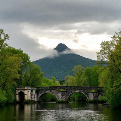 Stone Bridge over River with Mountain