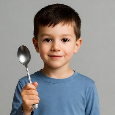 Boy holding silver spoon