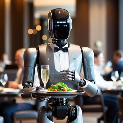 Robot waiter serving salad champagne