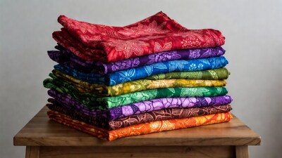 Stacked Colorful Batik Fabrics on Wooden Table