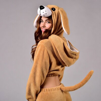 Woman in brown dog onesie costume