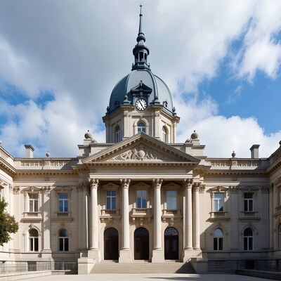 Grand neoclassical building with clock tower