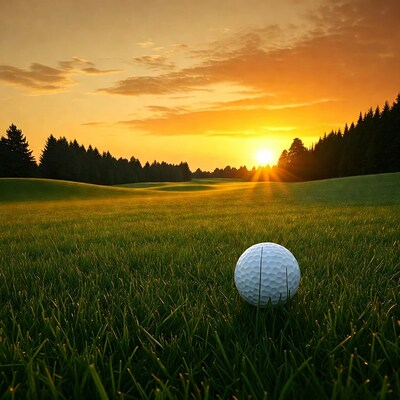 Golf ball on course at sunset