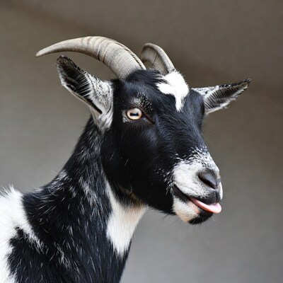 Black and white goat sticking tongue out