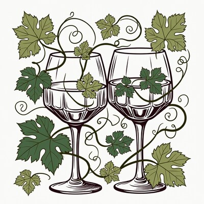 Two Wine Glasses with Grape Vines