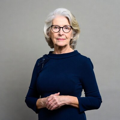 Elderly woman in navy dress with glasses