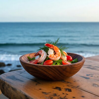 Shrimp salad bowl beach sunset