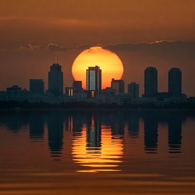 Sunset over city skyline reflecting in water