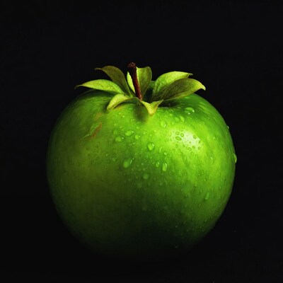 Green apple with water droplets