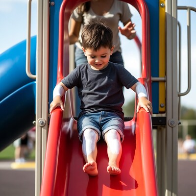 Boy sliding down playground slide with mom