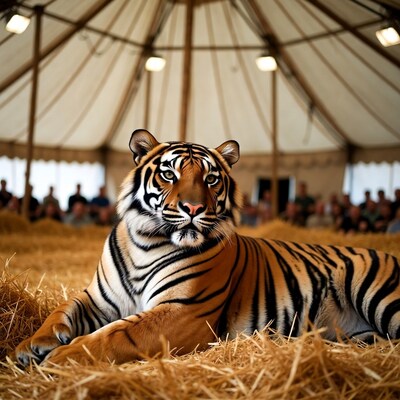 Tiger lying in circus tent