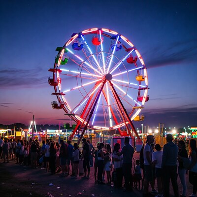 Crowd waiting for Ferris wheel at night