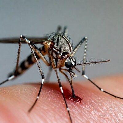 Mosquito biting human finger