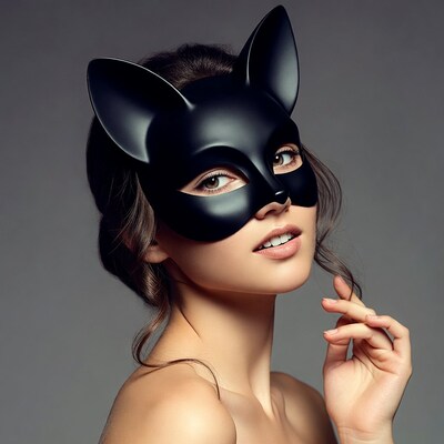 Woman wearing black cat ear mask