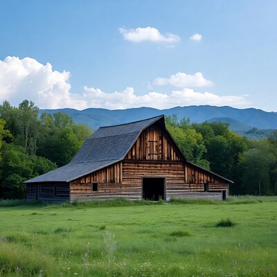 Wooden barn in green field with mountains