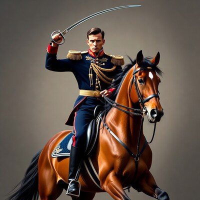 Hussar officer on horse with saber