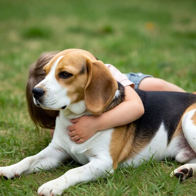 Girl hugging beagle dog on grass