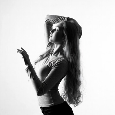 Woman stretching arms with long hair silhouette