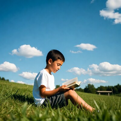Boy reading book on green grass