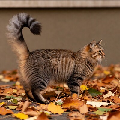 Tabby cat walking on autumn leaves