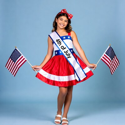 Girl in 4th of July sash holding flags