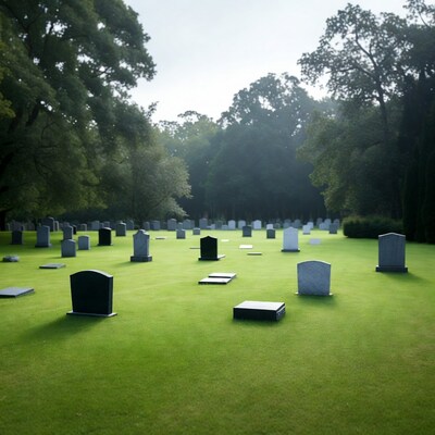 Graveyard with tombstones in green field