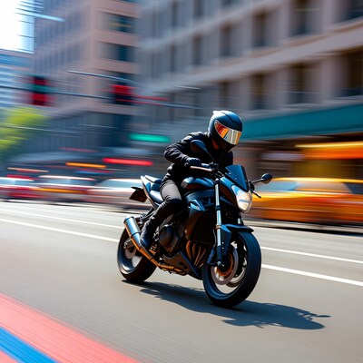 Motorcyclist riding motorcycle in city traffic