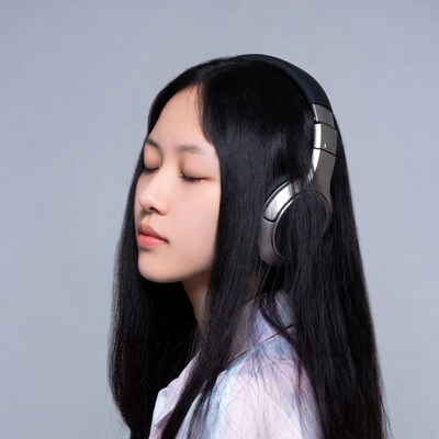 Asian girl wearing headphones profile