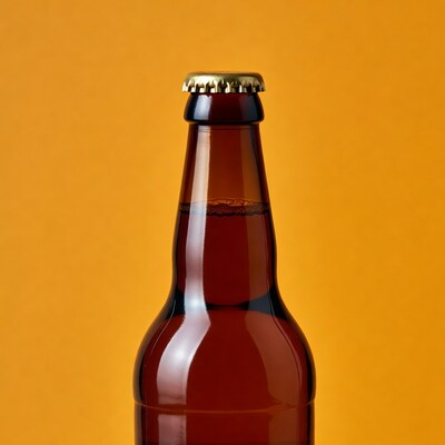 Brown beer bottle on orange background