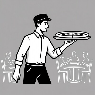 Waiter serving pizza to diners