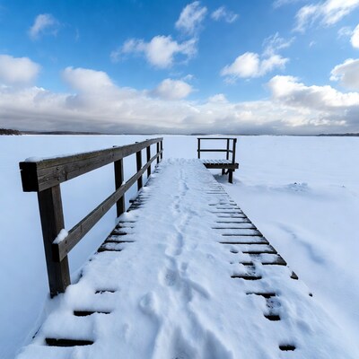 Wooden pier over frozen lake